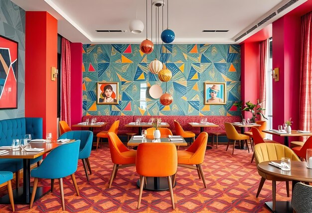 Photo a restaurant with colorful chairs and a tv on the wall