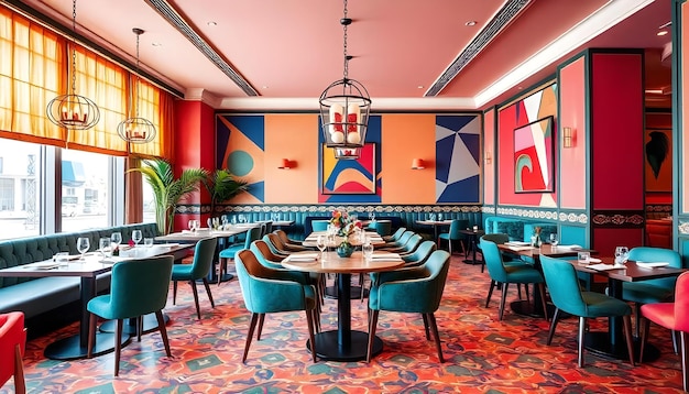 Photo a restaurant with a colorful wall painting and a large painting on the wall