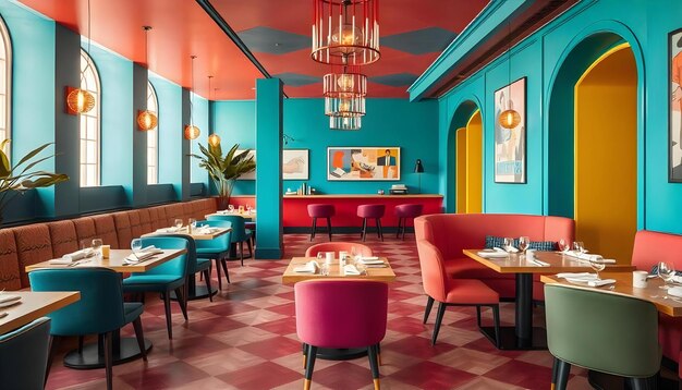 Photo a restaurant with a colorful wall and a red and purple table and chairs