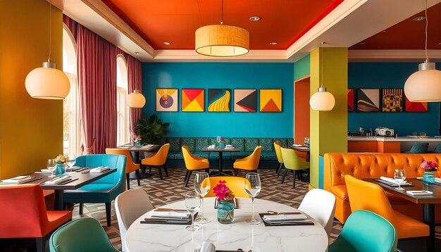 Photo a restaurant with colorful walls and a colorful ceiling