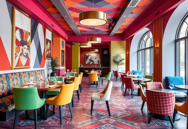 Photo a restaurant with colorful walls and a colorful wall with a colorful ceiling