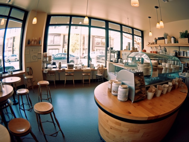 A restaurant with a counter and a glass display case