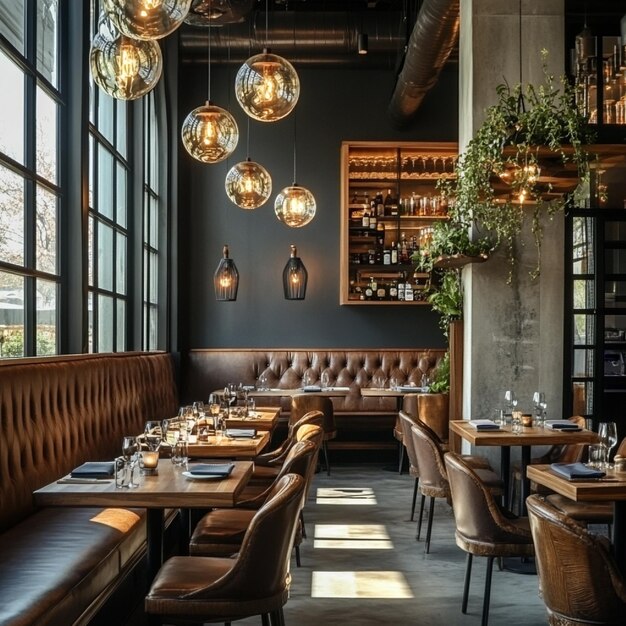 Photo a restaurant with a dark wall and a light fixture