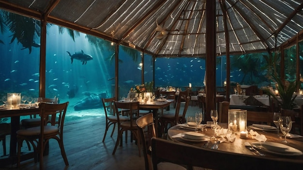 a restaurant with a fish tank and a shark on the roof