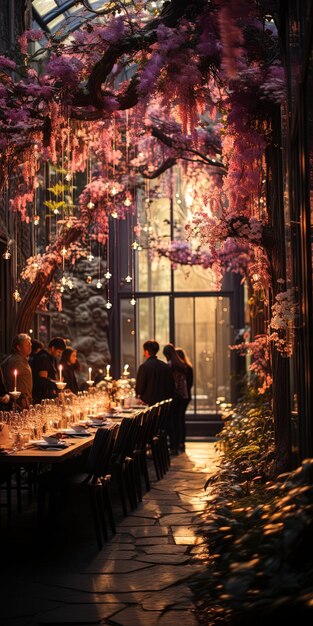 a restaurant with flowers on the wall