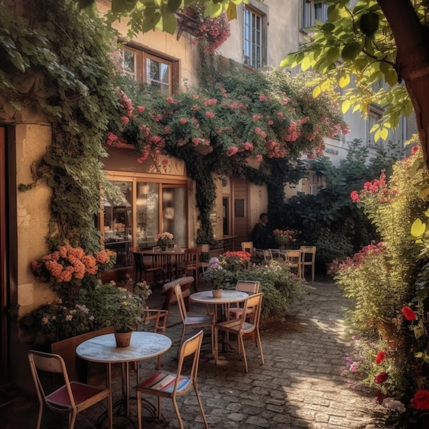 A restaurant with a flowery vine on the wall