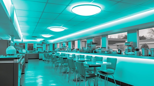 A restaurant with a green light on the ceiling and a large window.