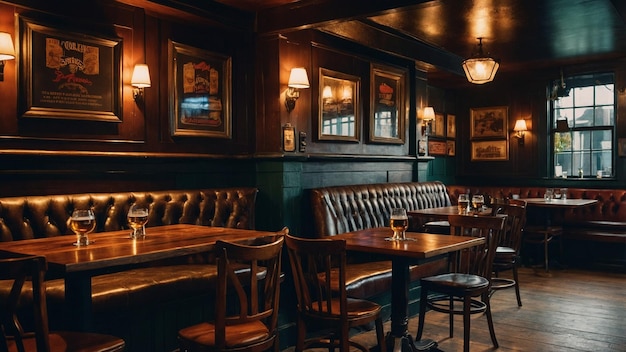 Photo a restaurant with a green wall and a picture of a table and chairs