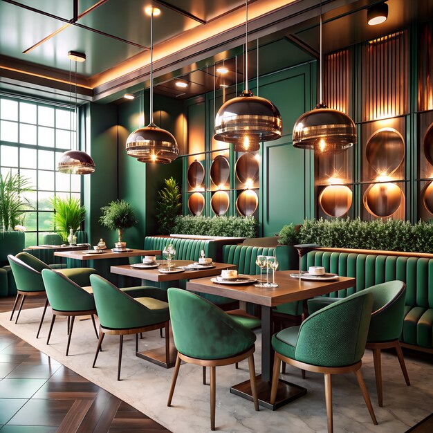 Photo a restaurant with green walls and tables and chairs