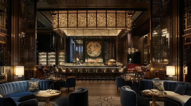 a restaurant with a large clock on the wall above the bar