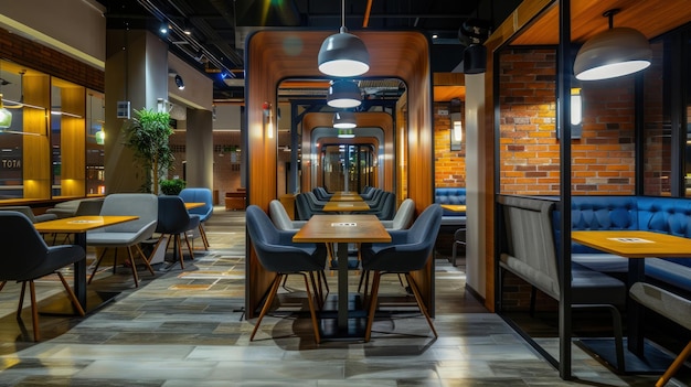 a restaurant with a large mirror on the wall and a table with chairs and a brick wall