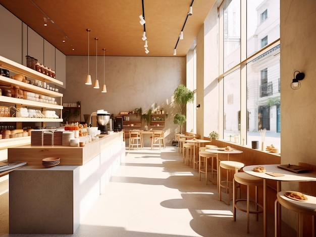 A restaurant with a large window that has a bunch of lights hanging from it