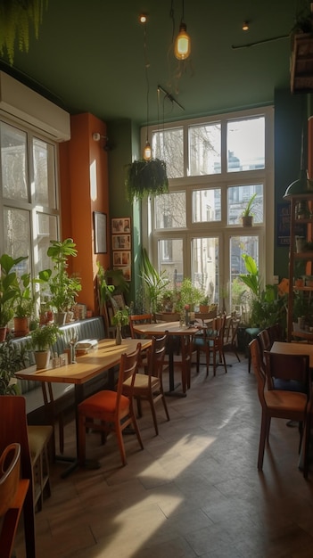 A restaurant with a large window that has plants on it