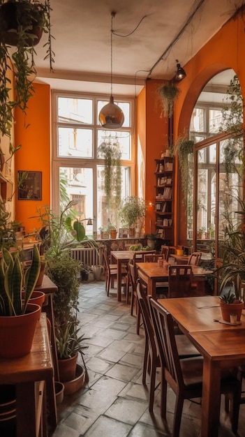 A restaurant with a large window that has plants on it