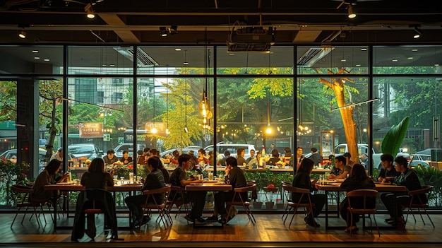 a restaurant with a large window that has a view of the outside