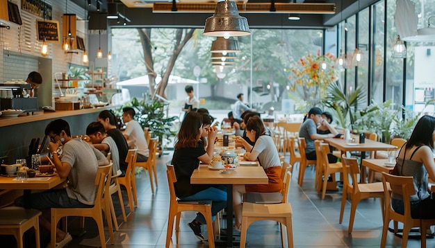 a restaurant with a large window that has a view of the outside