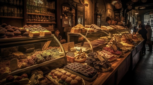 A restaurant with a lot of food on the counter