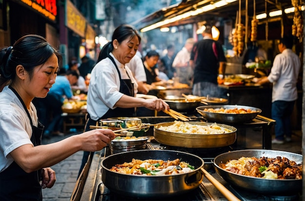 a restaurant with a lot of food on the table and people in the background