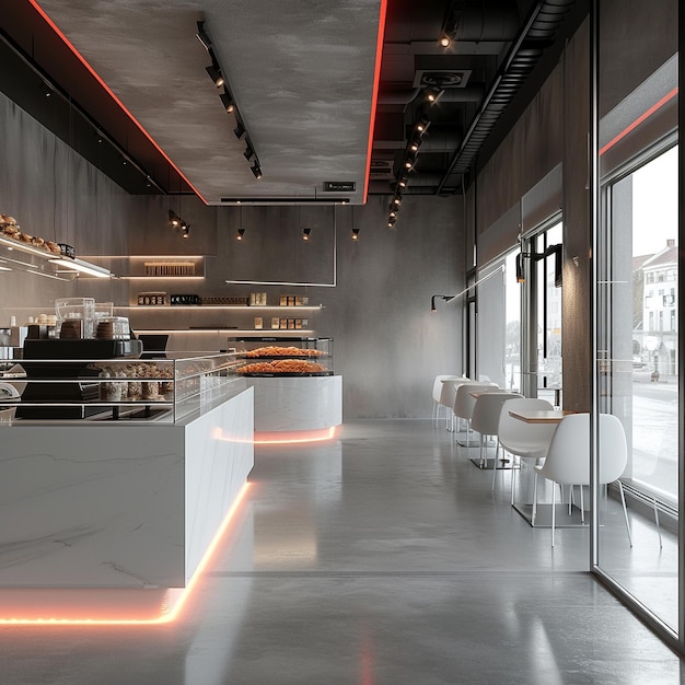 a restaurant with a lot of lights on the ceiling and a bar with a red light