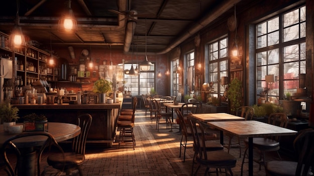 A restaurant with a lot of tables and chairs and a lamp hanging from the ceiling