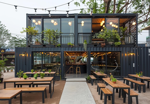 a restaurant with a lot of tables and lights on the roof