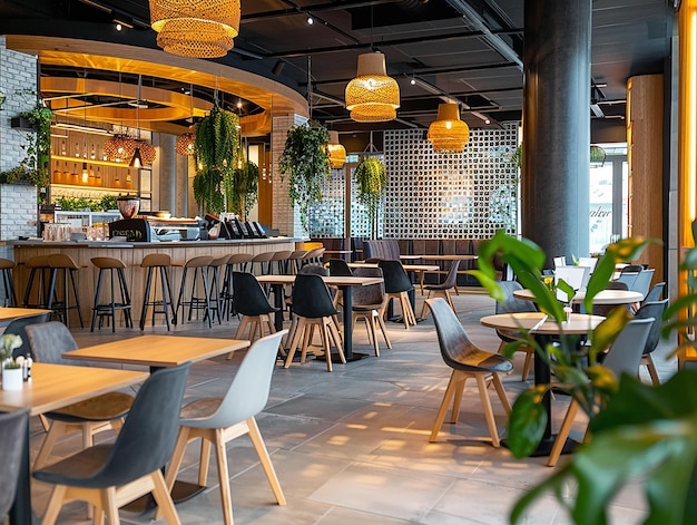 a restaurant with a plant on the table and chairs