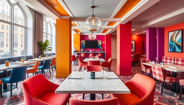 Photo a restaurant with a red and orange color scheme