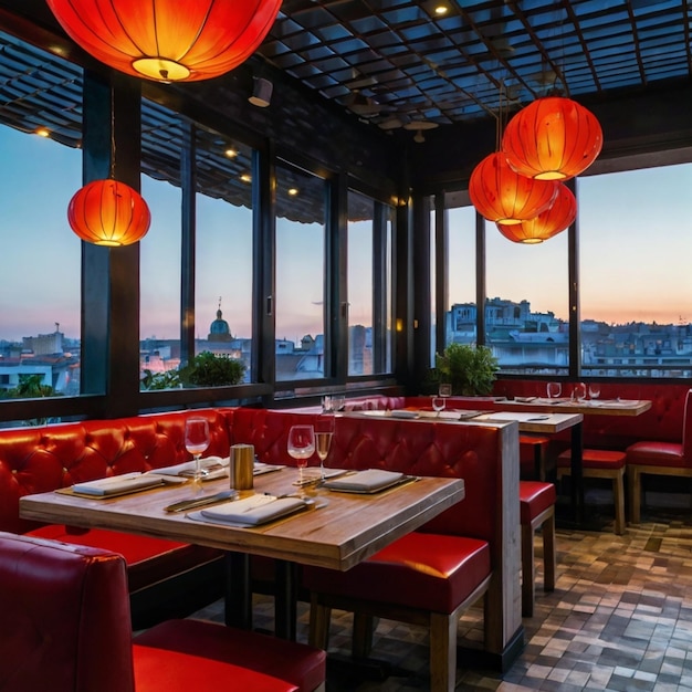 a restaurant with red seats and a table with a white plate and lights hanging from the ceiling