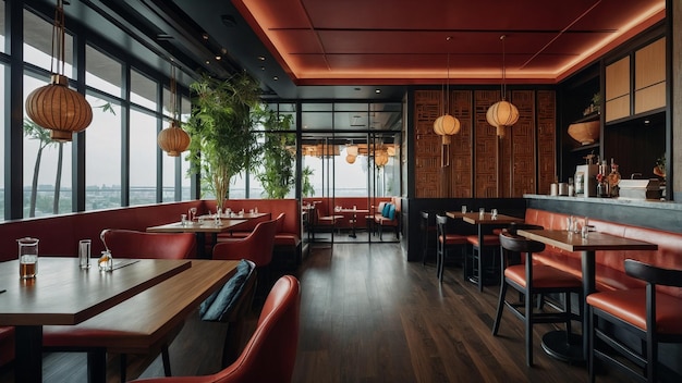 a restaurant with a red wall and a red light