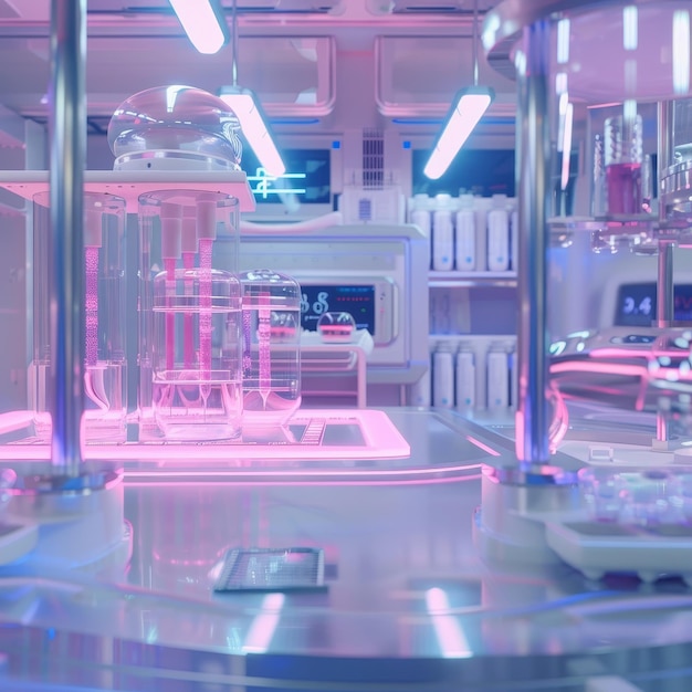 Photo a restaurant with a silver counter with a pink and blue light