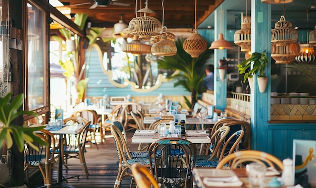 a restaurant with a table and chairs and a plant in the corner