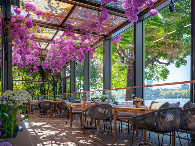 Photo a restaurant with a table and chairs and a window with purple flowers