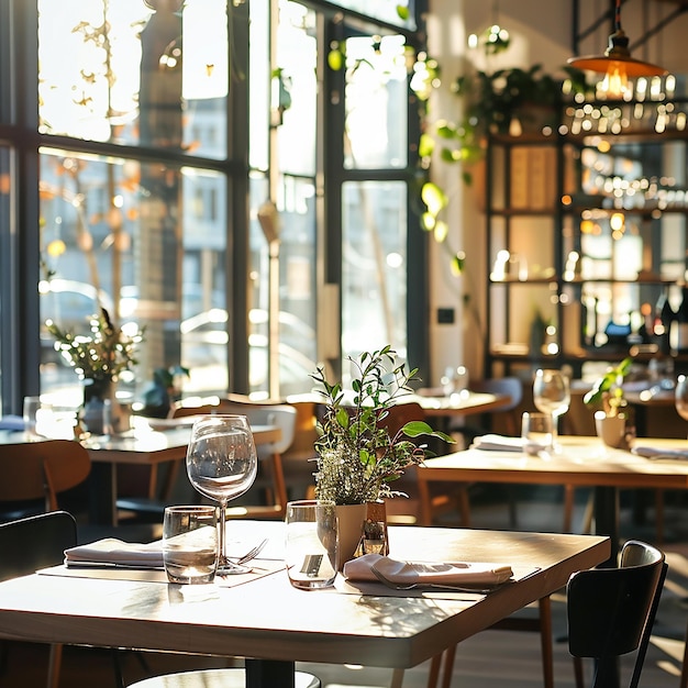 Photo a restaurant with a table and chairs and a window with a view of the street