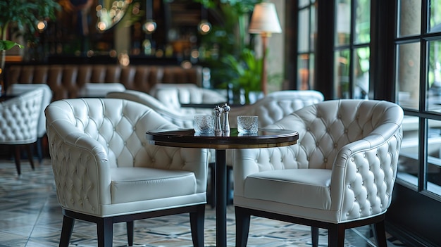 Photo a restaurant with a table and chairs with a lamp on it