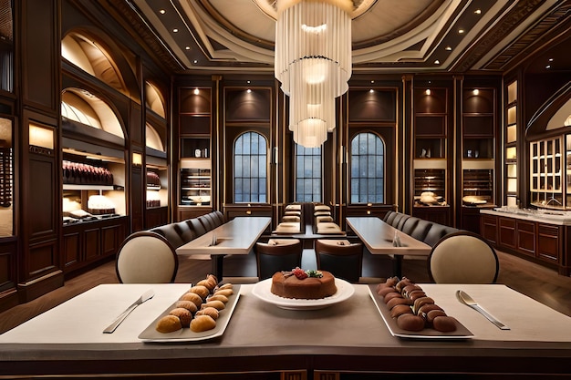 A restaurant with a table with a cake and some plates with a number of pastries on it.