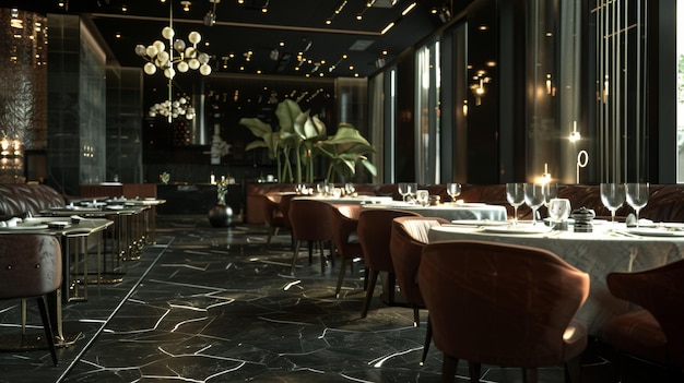 Photo a restaurant with a table with chairs and a chandelier