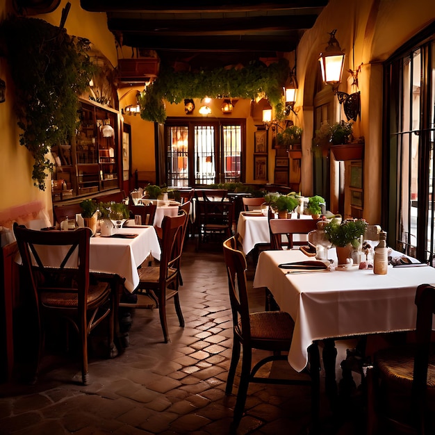 Photo a restaurant with a table with a white tablecloth and a white tablecloth