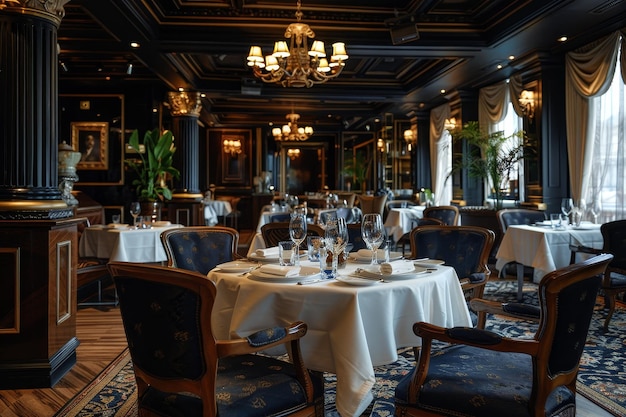 Photo a restaurant with a table with white tablecloths and a chandelier hanging from the ceiling