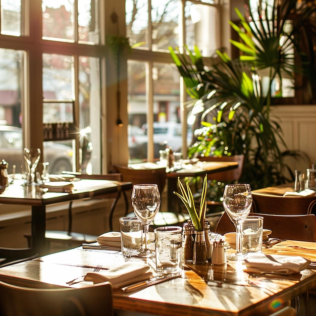 Photo a restaurant with a table with wine glasses and a plant in the background