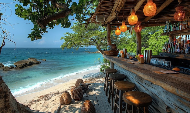 a restaurant with tables and chairs on the beach and the ocean in the background