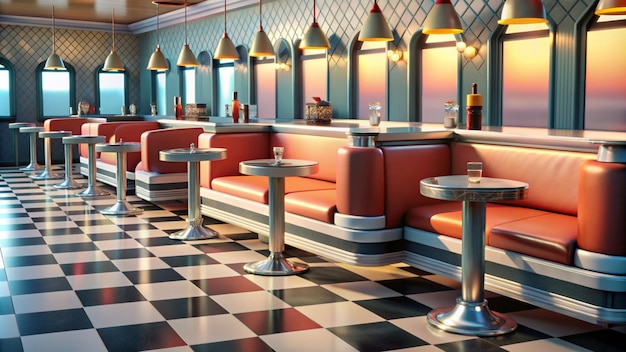 a restaurant with tables and chairs and a light on the ceiling