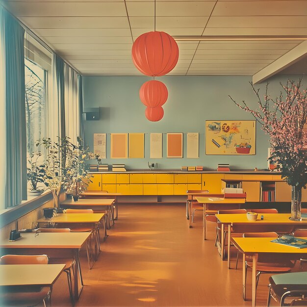 Photo a restaurant with tables and chairs and a red paper lantern hanging from the ceiling