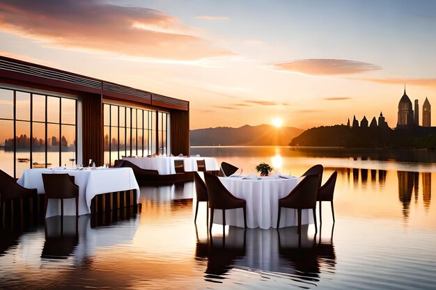 A restaurant with tables and chairs in the water at sunset