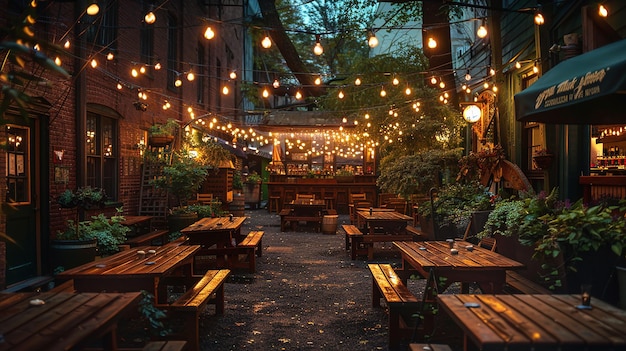 a restaurant with tables and lights hanging from the ceiling