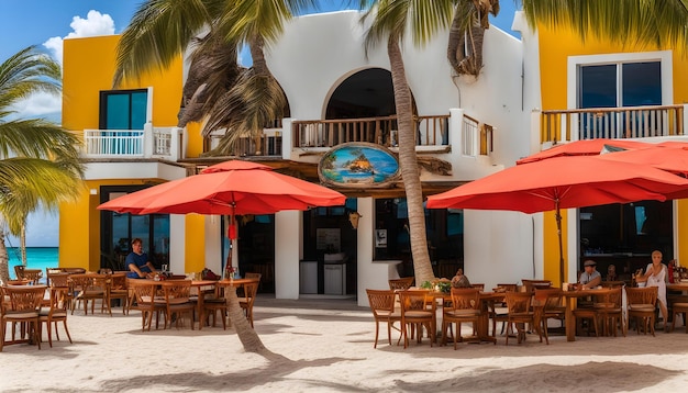 a restaurant with tables and umbrellas and chairs on the beach