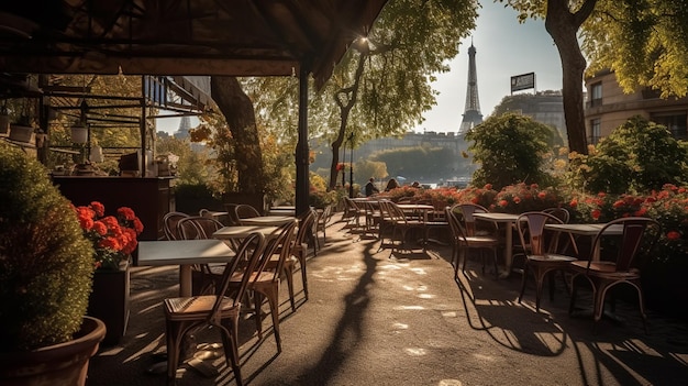 A restaurant with a view of the eiffel tower in the background