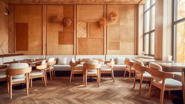 A restaurant with a wooden wall and wooden chairs