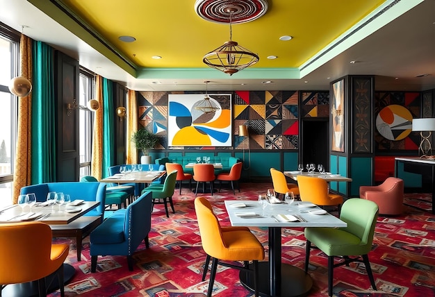 Photo a restaurant with a yellow ceiling and a colorful painting on the wall