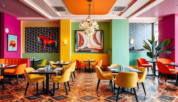 Photo a restaurant with yellow chairs and a painting on the wall