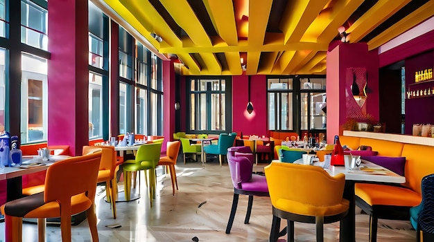 Photo a restaurant with yellow chairs and a yellow and red table